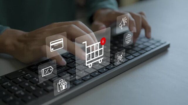 E commerce and online shopping concept. Person typing on keyboard with digital shopping cart, product price tag and secure checkout icons, modern online retail transaction platform.