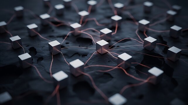 Network of White Cubes Connected by Red and White Lines on Dark Background