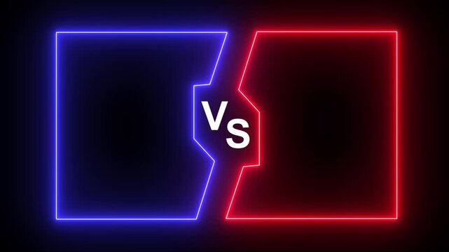 Two sides (red, blue) colliding, a zapping vs text appearing between them, one side against another with the text VS (meaning Versus). Versus vs battle screen with blue and red. 4k 