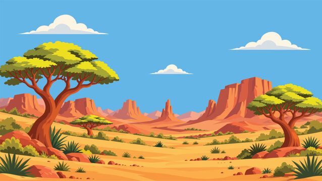 African Savanna Landscape with Acacia Trees- Desert Mountains and Blue Sky- Cartoon Vector Illustration