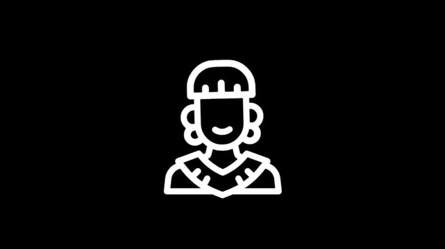 Stylized white icon of a person with a headdress and earrings on a black background