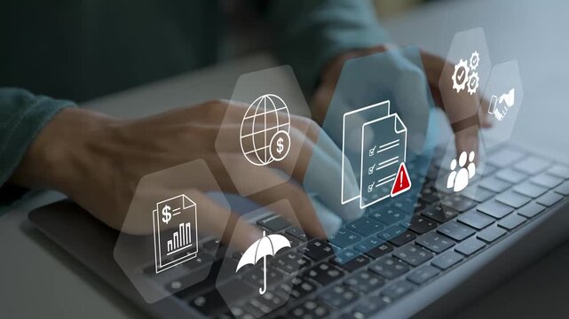 Risk control and management strategies concept. Person using laptop with hazard warning badge and strategy roadmap icons, corporate risk mitigation system.