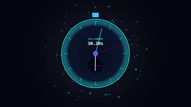 Digital stopwatch interface counting seconds on dark blue background with glowing light particles in motion graphics style.