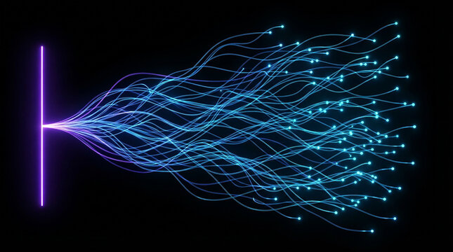 Abstract digital data flow with glowing blue light lines emerging from a central vertical beam