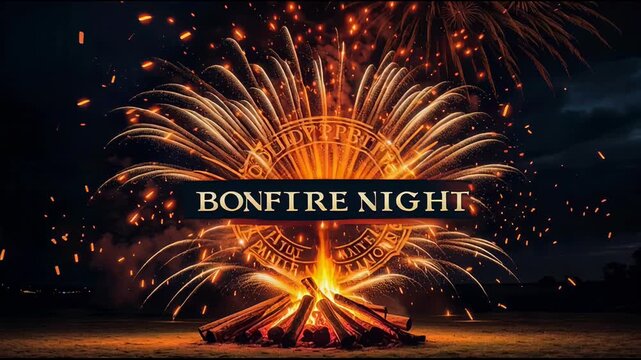 Guy Fawkes Night Celebration Card with Text on Background Bonfire and Fireworks Sparks AI Generative