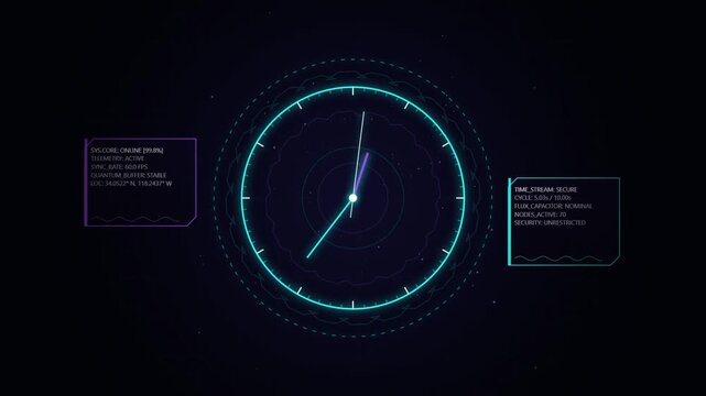 Futuristic digital clock interface with scientific data readout in high tech style.