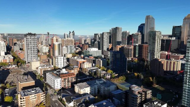 Aerial view of downtown Calgary on an autumn morning. Location is in south-east downtown along 17th Avenue in the belt line area.  