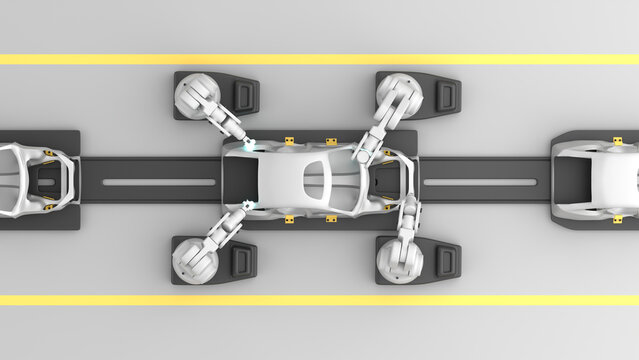 Automotive manufacturing concept from above. Welding robots on an assembly line working on a car frame.