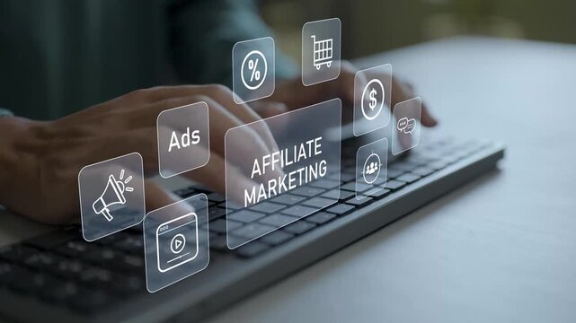 Affiliate marketing concept. Person typing on keyboard with referral link, commission dollar badge and partner network icons, digital performance marketing platform strategy.