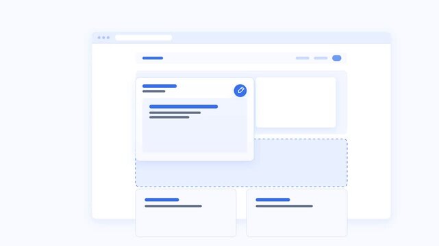 Modern SaaS website builder interface with a floating content module being edited, dragged and integrated into a responsive web page layout.