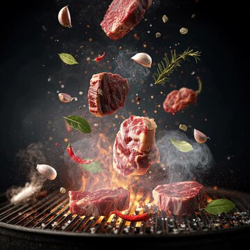Fresh raw beef steaks and spices falling onto a hot barbecue grill in slow motion