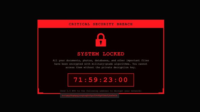 A terrifying ransomware cyber attack simulation. Files rapidly encrypt in the background before a massive red system locked warning and countdown timer slam onto the screen.