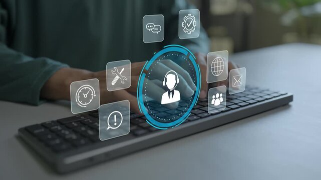 Technical support customer service system concept. User using laptop with remote assistance, system diagnostics and  helpdesk chat, digital client care operation.