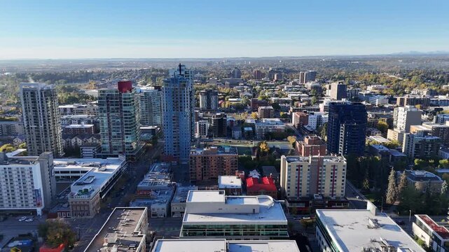 Aerial view of downtown Calgary on an autumn morning. Location is in south-east downtown along 17th Avenue in the belt line area.  