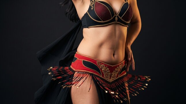 Belly dance clockwise pelvic rotation, waist close-up, modern black and red hip belt with gold detail