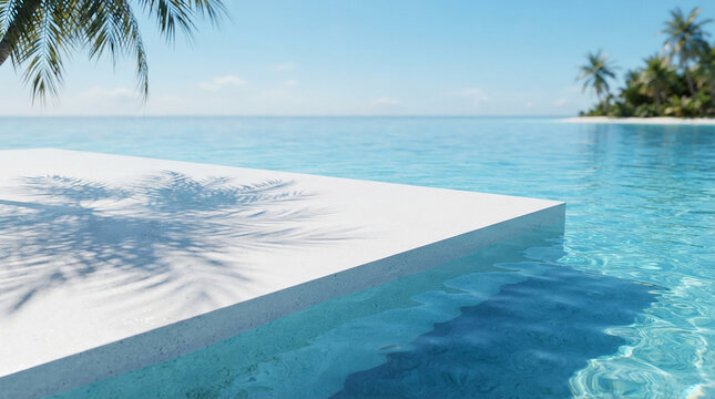 Luxury infinity pool with clear blue water and tropical beach view on a sunny summer day