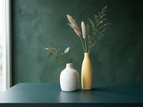 Two decorative ceramic vases with dried flowers on a green table against a dark grey wall