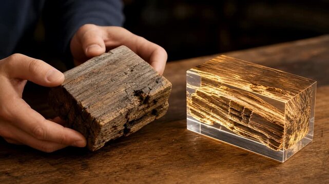 Wood Sample Held by Hand Beside Transparent Resin Block, Layered Wood Grain Material Study on Rustic Wooden Table