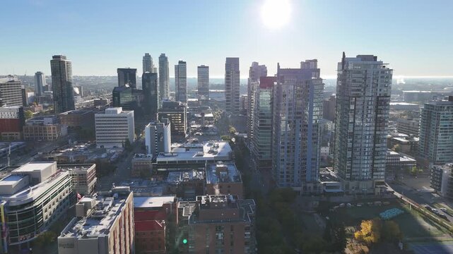 Aerial view of downtown Calgary on an autumn morning. Location is in south-east downtown along 17th Avenue in the belt line area.  