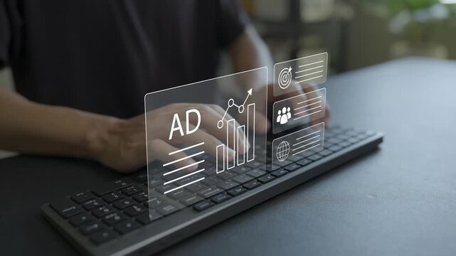 Digital marketing online commerce sale software concept. Person typing on keyboard with sales, customer conversion gear and online shopping icons, web store optimization tool.