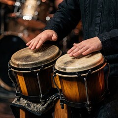 Obraz premium Hands playing bongo drums with a drummer in the background.