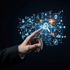 Obraz premium A person's hand interacts with a futuristic digital interface displaying data and search icons.