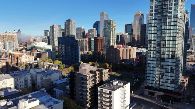 Aerial view of downtown Calgary on an autumn morning. Location is in south-east downtown along 17th Avenue in the belt line area.  