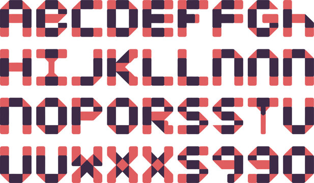 Pixel art alphabet and number set in red and dark purple with grid pattern