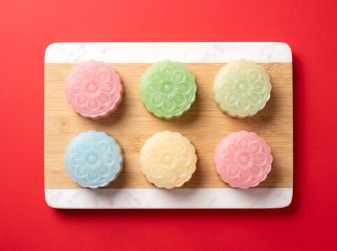 Colorful Snowskin Mooncakes on Marble and Bamboo Board for Lunar New Year