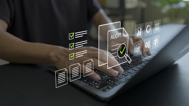 Audit workflow concept. Person using laptop with process flowchart, magnifying glass review and compliance checklist icons, automated corporate financial examination system.