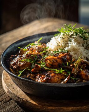 Hot, savory meatballs and rice steaming in a skillet on a rustic wooden table