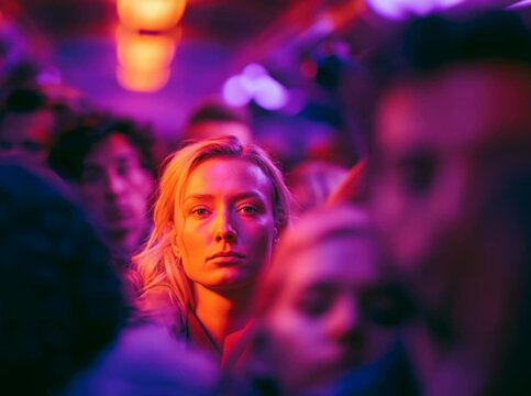 Woman with a serious expression feeling overwhelmed and anxious in a crowded place at night