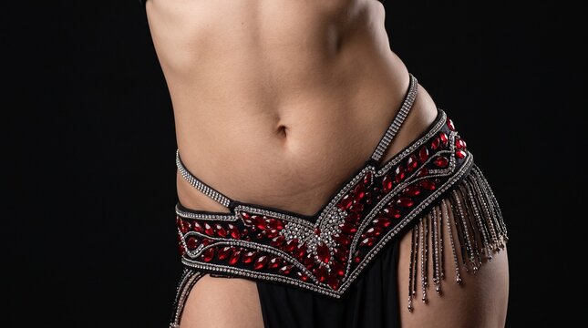 Egyptian belly dance lateral pelvic movement, waist close-up, black and red crystal hip belt with body chains