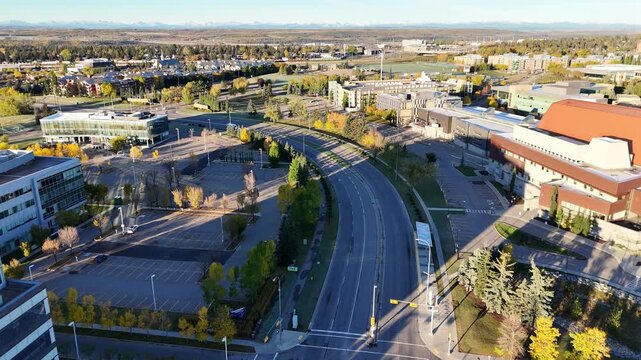 Aerial view of Mount Royal University campus in Calgary, Alberta on a fall morning.