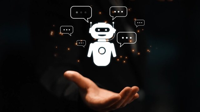 AI chatbot virtual assistant interacting with users through AI conversation bubbles, symbolizing AI automation, smart communication, and AI digital artificial intelligence help support Marrow