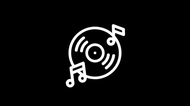 Animated vinyl record icon with musical notes and sparkles on black background
