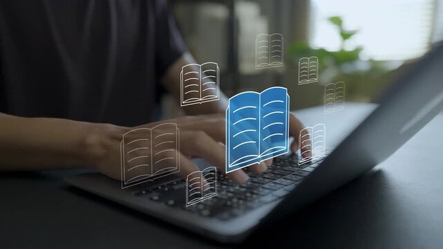 E library concept. Person using laptop with digital book collection, search and cloud bookmark, online education archive and electronic reading platform.