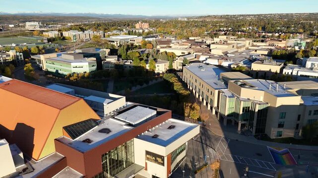 Aerial view of Mount Royal University campus in Calgary, Alberta on a fall morning.