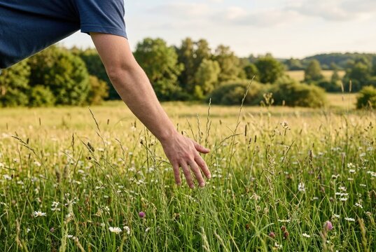 A person's hand gently touches tall grass in a sunlit meadow.