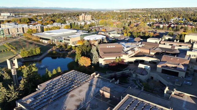 Aerial view of Mount Royal University campus in Calgary, Alberta on a fall morning.