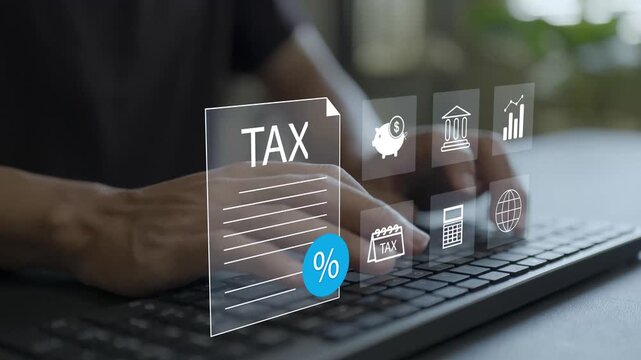 Annual tax reduction planning concept. Person typing on keyboard with calculator, tax form deduction and financial savings icons, smart corporate and personal income tax strategy.
