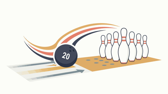 Bowling ball with number twenty rolling toward pins on a white background