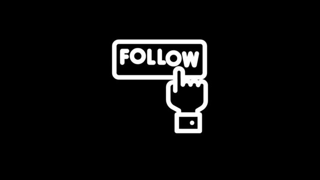 Animated hand clicks on a white 'Follow' button on a black background