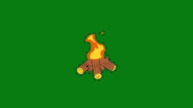 Retro Style Hand Drawn Campfire Animation with Burning Orange Flame and Wooden Logs, Vintage Cartoon Bonfire Illustration Isolated on Solid Green Background for Creative Outdoor Design Projects