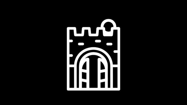 Animated white castle tower icon with arched window and crenellations