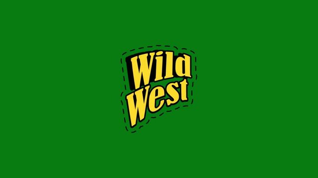 Retro Wild West Typography Sticker Animation on Green Background, Vintage Style Yellow Text with Black Shadow and Dashed Outline for Western Themed Projects and Nostalgic Graphic Design