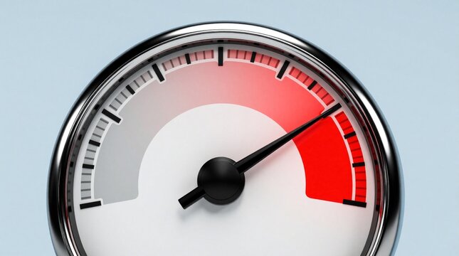 3D speedometer needle points to red zone on dashboard gauge. High speed indicator shows maximum limit, extreme performance. Car tachometer meter reaches danger threshold with red scale. Fast