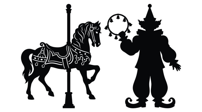 Detailed carousel horse silhouette standing beside a playful circus clown holding a round tambourine prop icon