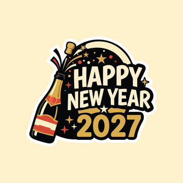 Happy New Year 2027 Sticker &ndash; Celebration Champagne Bottle and Confetti Vector
