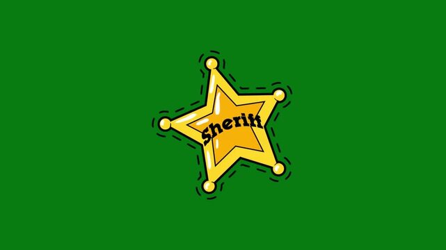 Retro Styled Golden Sheriff Badge Icon with Dotted Outline Animation on Green Background, Hand Drawn Cartoon Star Symbol for Law Enforcement and Western Theme Concepts